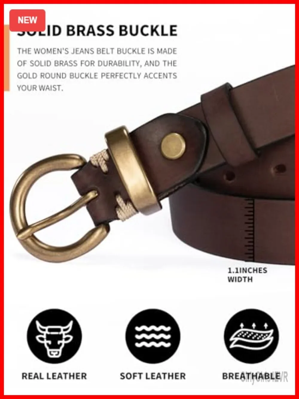 Genuine Leather Belt Solid Brass Buckle Women's